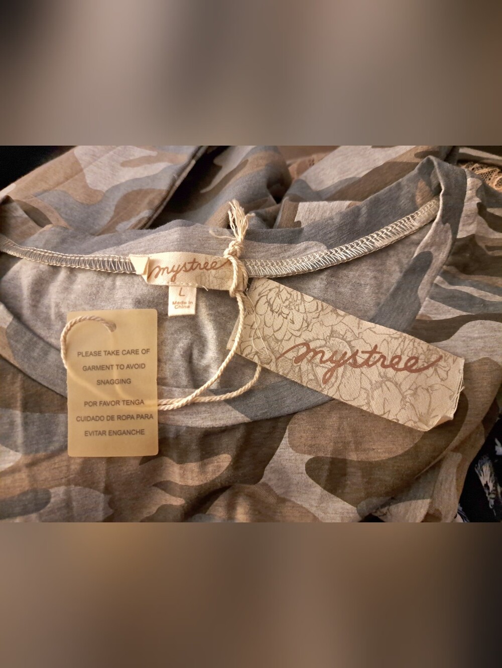 MYSTREE green CAMO sweatshirt LACE TOP new LONG SLEEVES size large 40" CHEST - Picture 5 of 6